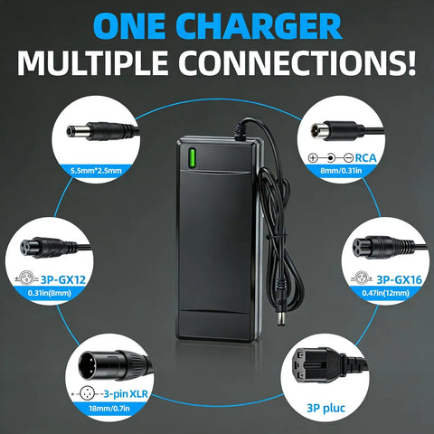 54.6V 2A Fast Electric Bike Charger With 7 Plugs For 48V Lithium Batteries SGS Certified Plug And Play Universal Ebike Compatibility For Lectric XP 2.0 And 3.0 Ecotric City Beach Evercross H5 H7 And More 48V Systems Safe Quick Charge