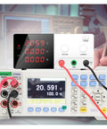 Pro Grade Variable DC Power Supply 60V 10A Beefy, Low Ripple High Precision Lab Regulator With Digital LED Readouts For Voltage And Current, Easy Coarse And Fine Adjustment Knobs, Constant Voltage Current Mode For Precise Electronics Work. bench DC power supply with LED voltage and current displays, connected to test leads