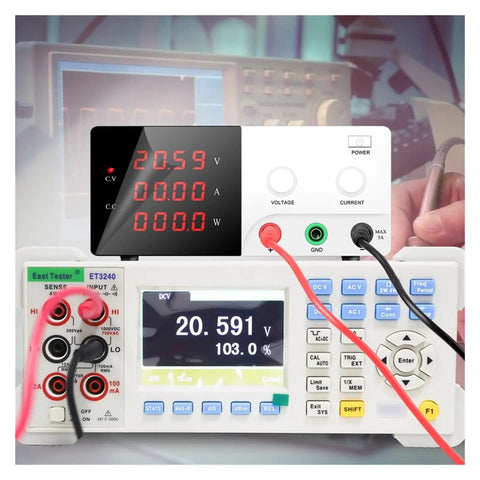 Pro Grade Variable DC Power Supply 60V 10A Beefy, Low Ripple High Precision Lab Regulator With Digital LED Readouts For Voltage And Current, Easy Coarse And Fine Adjustment Knobs, Constant Voltage Current Mode For Precise Electronics Work. bench DC power supply with LED voltage and current displays, connected to test leads