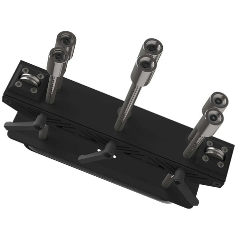 Top view of Three Station Edge Roller Bending Angle Tool, Pro Grade Workhorse for Sheet Metal with adjustable rollers and levers.