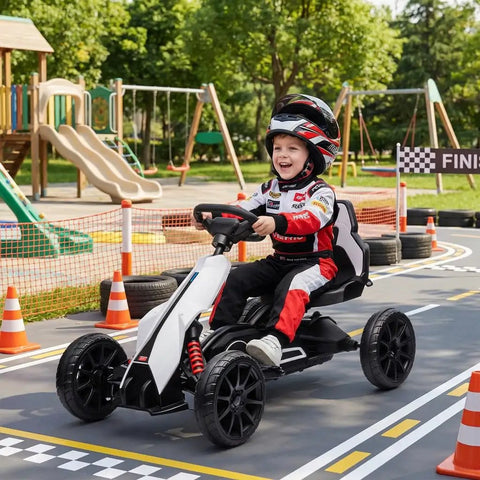 Child riding 12V Electric Go Kart For Kids With Forward And Backward Drive, Adjustable Speed, Smooth All Terrain EVA Wheels, White