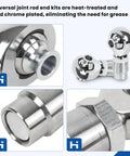 One Pair 1 1/4 Inch Heims Rod Ends With Right And Left Hand Thread Heat Treated Chromoly Alloy Including Round Tube Adapters Misalignment Spacers And Locking Nuts For Badass Project Builds close-up of chromoly rod end kits showcasing the heat-treated surface and chrome plating.