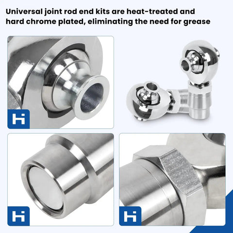 One Pair 1 1/4 Inch Heims Rod Ends With Right And Left Hand Thread Heat Treated Chromoly Alloy Including Round Tube Adapters Misalignment Spacers And Locking Nuts For Badass Project Builds close-up of chromoly rod end kits showcasing the heat-treated surface and chrome plating.