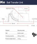 Six Pack 1-1/2 Inch Roller Ball Transfer Bearings With Swivel Caster Rollers, Beefed Up Hard Chrome Steel Balls, 360 Degree Rotation, Heavy Duty For Conveyors, Roller Stands, Transfer Equipment And Transmission Systems diagram with dimensions and 220 lb capacity