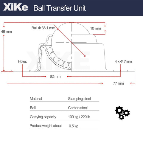 Six Pack 1-1/2 Inch Roller Ball Transfer Bearings With Swivel Caster Rollers, Beefed Up Hard Chrome Steel Balls, 360 Degree Rotation, Heavy Duty For Conveyors, Roller Stands, Transfer Equipment And Transmission Systems diagram with dimensions and 220 lb capacity