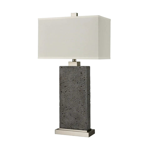 Green Rough Concrete Tenlee Table Lamp With Linen Shade Vibe Worthy Industrial Desk Lamp, rectangular concrete base, white shade.