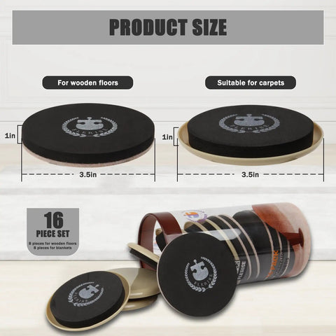 Round 16 Piece Furniture Moving Kit With Pro Grade Felt Pads shown with packaging and dimensions for hard floors and carpets.
