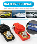 Top Post Brass Quick Release Battery Terminal Clamps Set For Auto Truck Caravan RV And Boat Applications Red Positive Black Negative Cable Connectors Easy Install Battery Lugs For Reliable Power And A Solid Connection For Your Ride.