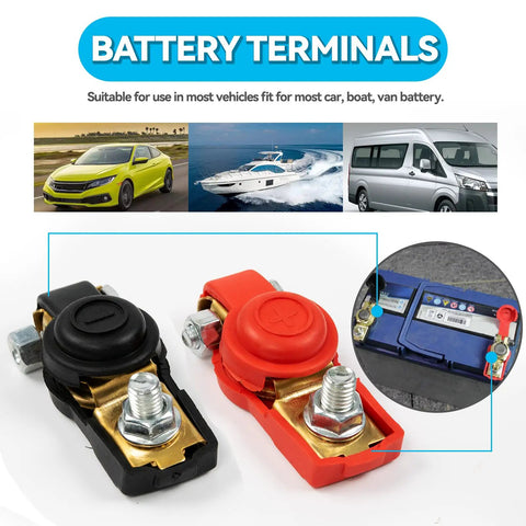 Top Post Brass Quick Release Battery Terminal Clamps Set For Auto Truck Caravan RV And Boat Applications Red Positive Black Negative Cable Connectors Easy Install Battery Lugs For Reliable Power And A Solid Connection For Your Ride.