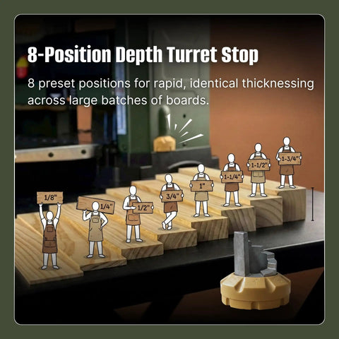 8-Position Depth Turret Stop showing preset thicknesses for Absolute Knockout 13 Inch Benchtop Planer for rapid identical thicknessing.