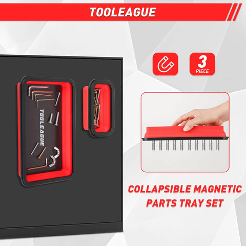 TOOLEAGUE 3-piece collapsible magnetic parts tray set with red silicone trays and a 15-lb magnetic pickup pen front view