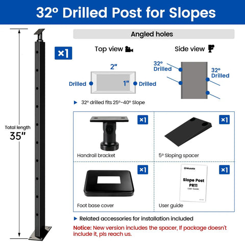 Black Slope Cable Railing Post 36 Inch for 25 to 40 Degree Slopes, 36x1x2 T304 Stainless Steel Cable Railing System Kit diagram