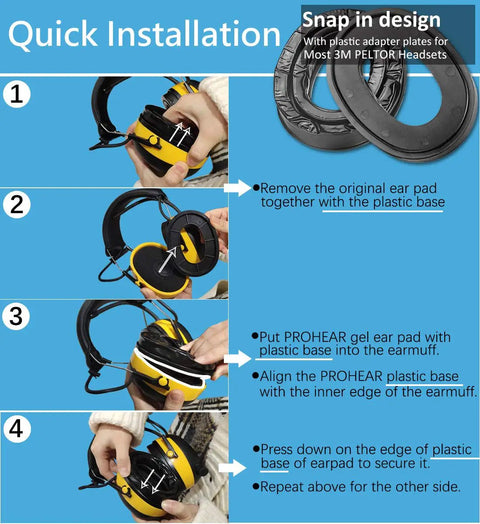 Quick installation of Gel Ear Pads Upgraded For 3M PELTOR Headsets With Softer Cushions And A Snug Seal, diagram with steps.