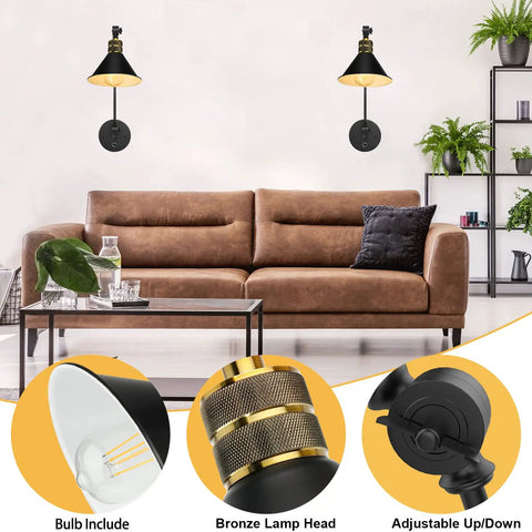 Plug In Wall Sconces Set Of 2 With Dimmable Rotary Switch Two Swing Arm Industrial Wall Lights On A 6 Foot Cord above sofa
