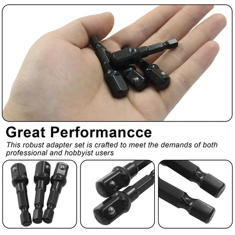 Three Eighths To One Quarter Socket Adapter Kit Fifty Millimeter Long Black Steel Impact Extensions in a hand