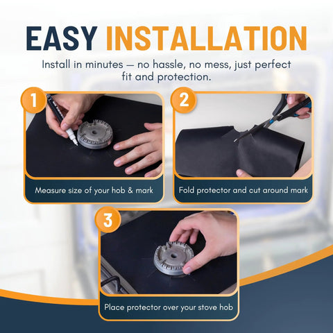 Easy installation steps for Gas Stove Burner Covers 10 Pack Extra Thick Non Stick Reusable Stove Top Protectors shown in three images.