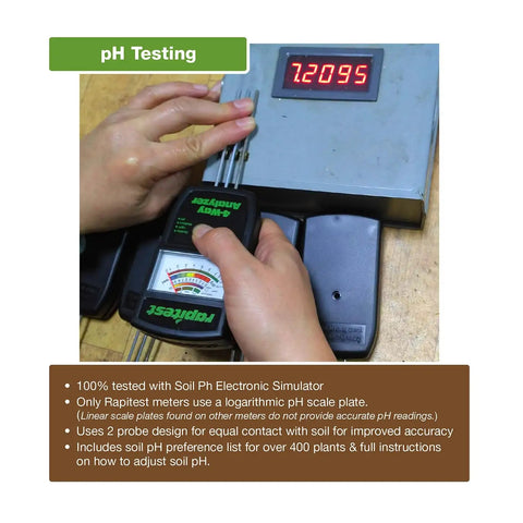 Electronic Four In One Soil Analyzer For Soil Acidity Moisture Fertility And Sunlight With Easy Read Scale being used for pH testing