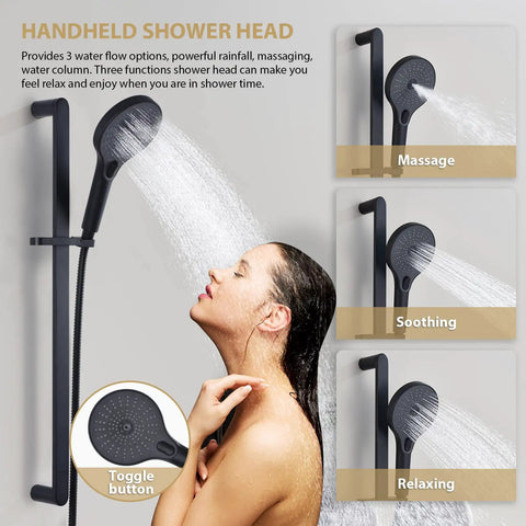 Matte Black Shower Kit With Slide Bar And Handheld Shower Head Brass Hose Adjustable Holder High Pressure Water Flow Anti Rust Finish All In One Bath Upgrade For Easy Rinsing And Spa Like Showers with 3 spray options