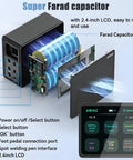 Exploded view of Capacitor Battery Spot Welder Pro With Auto And Foot Pedal Modes, including Farad capacitor and LCD display.