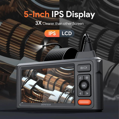 5-Inch IPS display of 50ft Sewer Camera With 1080P HD Triple Lens Borescope focused on inspecting gears