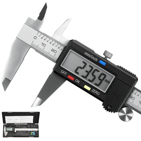 Waterproof Stainless Steel Digital Caliper 6 Inch 150mm with large LCD screen showing measurement, includes carrying case