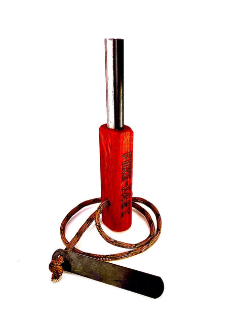 European Ferro Rod Fire Starter with Magnesium, 5 inch length, hardwood handle, paracord attached, emergency camping tool.
