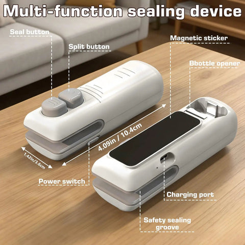 Three In One Bag Sealer With Cutter And Bottle Opener Portable USB Rechargeable Resealer showing features and buttons on table