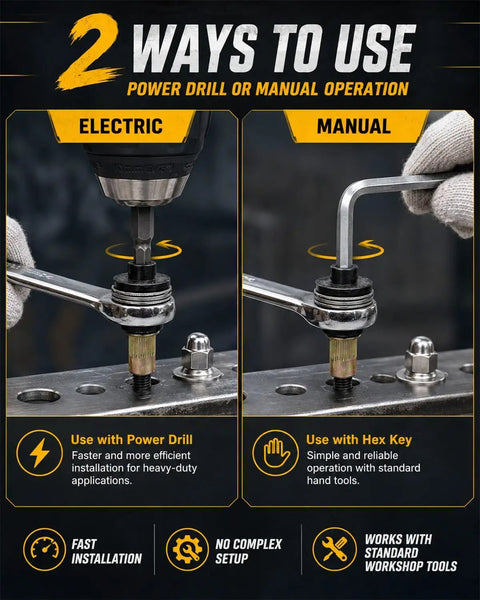 Two ways to use Pro Rivet Nut Tool Kit With M3 To M12 Mandrel Nosepiece Set and GRC15 Steel Jaw: electric drill or manual hex key.
