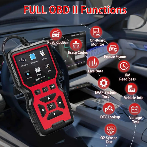 Go To All In One OBD2 Car Code Reader And Diagnostic Tool with screen showing diagnostic options inside car