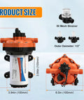 Five Chamber 110V AC Fresh Water Diaphragm Pump With On Demand Pressure Switch For Irrigation Home Sprinkler RV Marine Delivers 7 GPM At Up To 70 PSI Maximum product dimensions and components shown including 50 mesh strainer with 0.5 inch diameter.