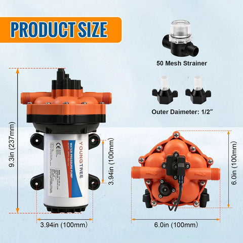 Five Chamber 110V AC Fresh Water Diaphragm Pump With On Demand Pressure Switch For Irrigation Home Sprinkler RV Marine Delivers 7 GPM At Up To 70 PSI Maximum product dimensions and components shown including 50 mesh strainer with 0.5 inch diameter.