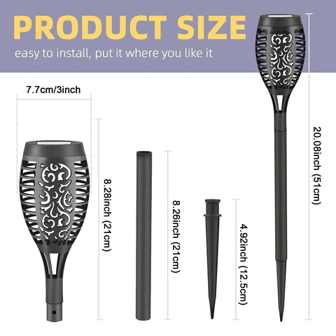 Dimensions of 4 Pack Solar Torch Lights With Flickering Flame, Outdoor Waterproof Stake Lights, easy installation parts shown.