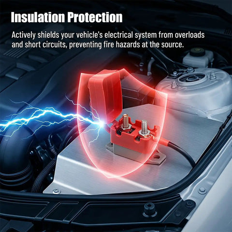 Heavy Duty Automatic Reset Circuit Breaker 10A Waterproof Stud Bolt For Trucks And Trailers in vehicle engine bay with protective shield.