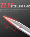 Close-up of tungsten electrode showing 22.5-degree angle, red tip for TIG welding, illustration of length ratio; no prep time use.