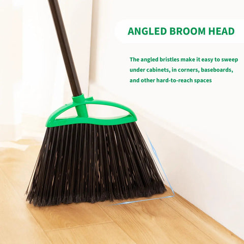 Heckin Tough Heavy Duty Brooms Two Pack angled broom head designed for sweeping dust and pet hair under cabinets and corners.