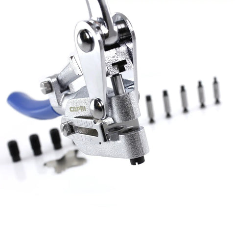 Close-up of 16 Piece Metal Hole Punch Kit For Sheet Metal With Puncher Built For Pros, showing metal puncher part, blue handle.