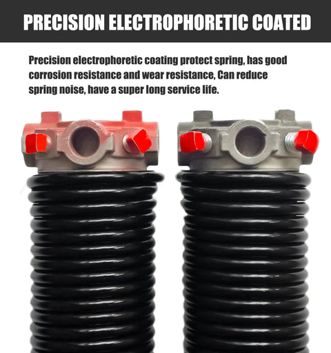 Close-up of Heavy Duty Pair Garage Door Torsion Spring Set 0.243 Inch Wire with electrophoresis coating and non-slip winding bars