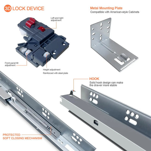 3D Lock Device components of 4 Pair 15 Inch Undermount Soft Close Drawer Slides With Full Extension Concealed Bottom Mount.