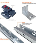 3D lock device components and metal mounting plate for Four Pair 9 Inch Undermount Soft Close Drawer Slides With Full Extension And Rear Bracket Hardware Premium Steel Build For Super Silent Operation And No Sweat Assembly.