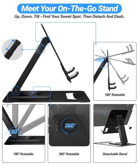 Adjustable stand for Ultra Slim 15.6 Inch FHD IPS Portable Monitor, showcasing 180° and 360° rotation for flexible use.