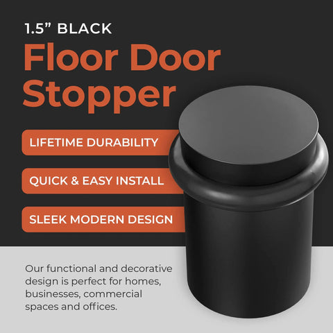 Heavy Duty Solid Steel Floor Door Stopper Matte Black Wall Protector with modern design, 1.5 inches tall, ideal for homes and offices.