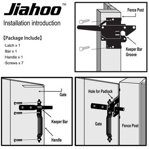 Diagram of Beefy Heavy Duty Self Locking Gate Latch With Handle For Pool And Garden Gates installation on fence post.