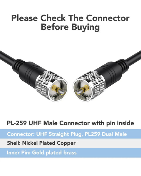 RG8x Coaxial Cable 30 Ft to 100 Ft Kit for Radios and CB Antennas PL259 UHF Male connectors close-up