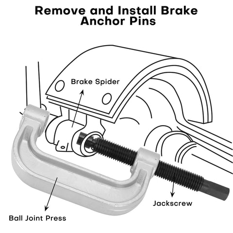 Front view of ball joint press tool with U-shaped silver frame and long threaded screw; automotive removal tool.
