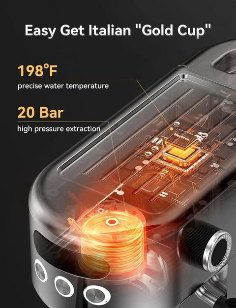 Close-up of 20 Bar Stainless Steel Espresso Machine With LED Display showing internal components and pressure settings