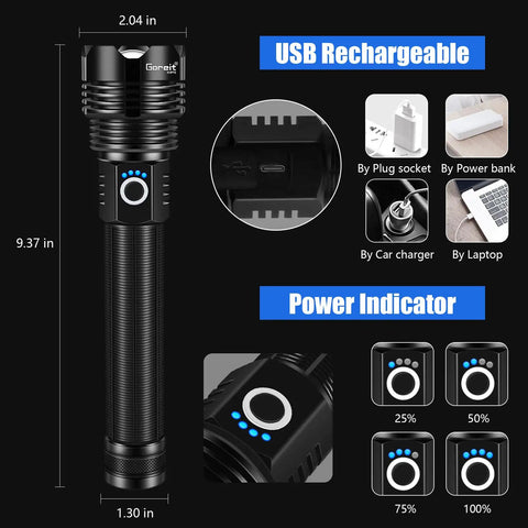 900000 Lumen Rechargeable Flashlight With USB Charging, XHP70.2 LED Handheld Spotlight With power indicators and charging options