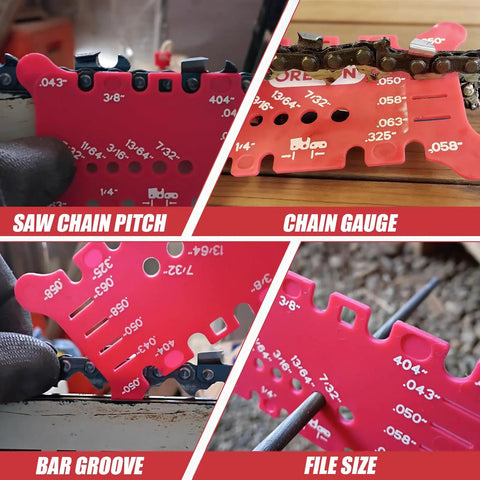 Chainsaw Chain Measuring Tool Kit 2 Pack For Pitch Gauge Bar Groove Width And File Size Compact Red Universal Compatibility