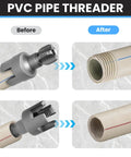 Heavy Duty PVC Pipe Threader Kit For 1/2 Inch And 3/4 Inch Plastic Pipes showing before and after threading on PVC pipe.