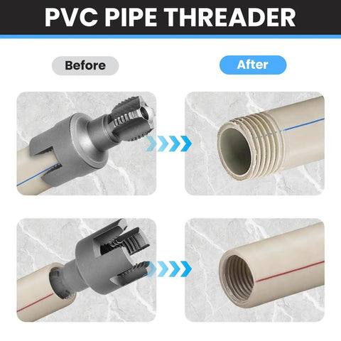 Heavy Duty PVC Pipe Threader Kit For 1/2 Inch And 3/4 Inch Plastic Pipes showing before and after threading on PVC pipe.