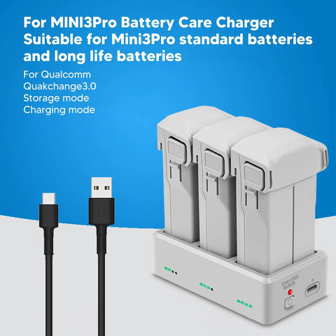 Portable Drone Charging Station With 3 Port Battery Hub for Mini 3, showing three plugged-in batteries and charging cables.